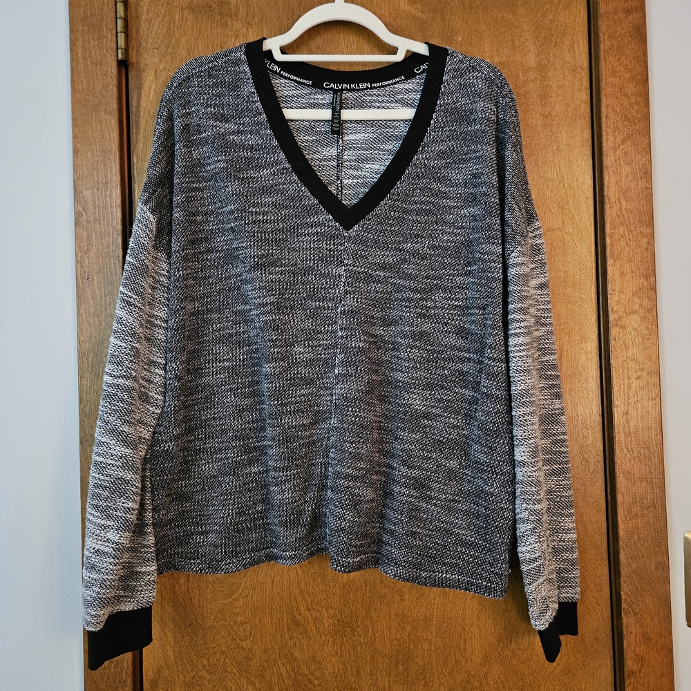Calvin Klein Melange Knit Salt & Pepper V-Neck Top